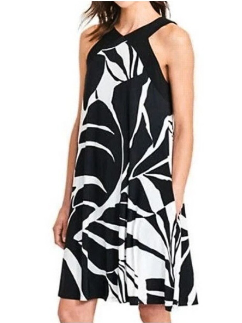 New Ralph Lauren Women's Print Trapeze Jersey Dress 8 Black & Cream With Pockets